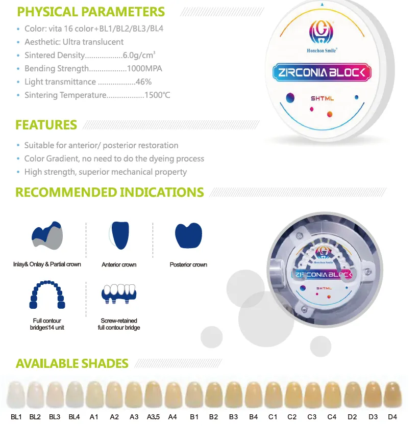 Bloc dentaire multicouche en zircone | Résistance à la flexion : 1 000 MPa · Translucidité : 46 %(pic1) Bloc dentaire multicouche en zircone | Résistance à la flexion : 1 000 MPa · Translucidité : 46 %(pic1)